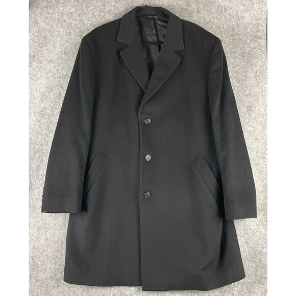 Jos A Bank Wool Pea Coat Overcoat Mens 44R Black Camel Hair Silk Classic - Picture 1 of 16